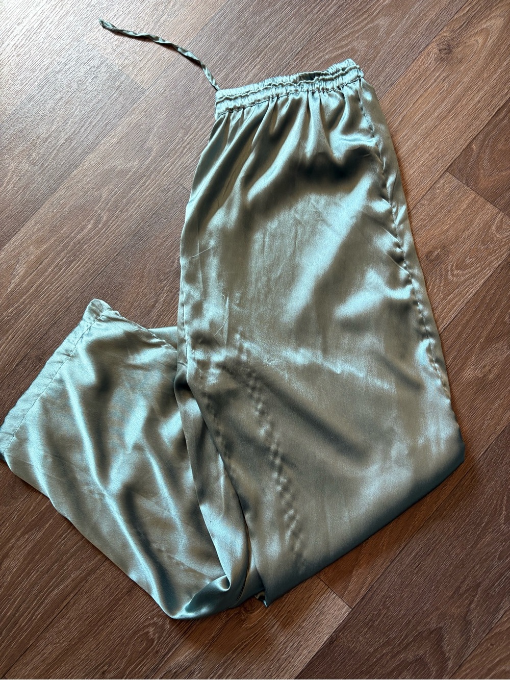Satin Elastic-Waist Pants in Sage Green